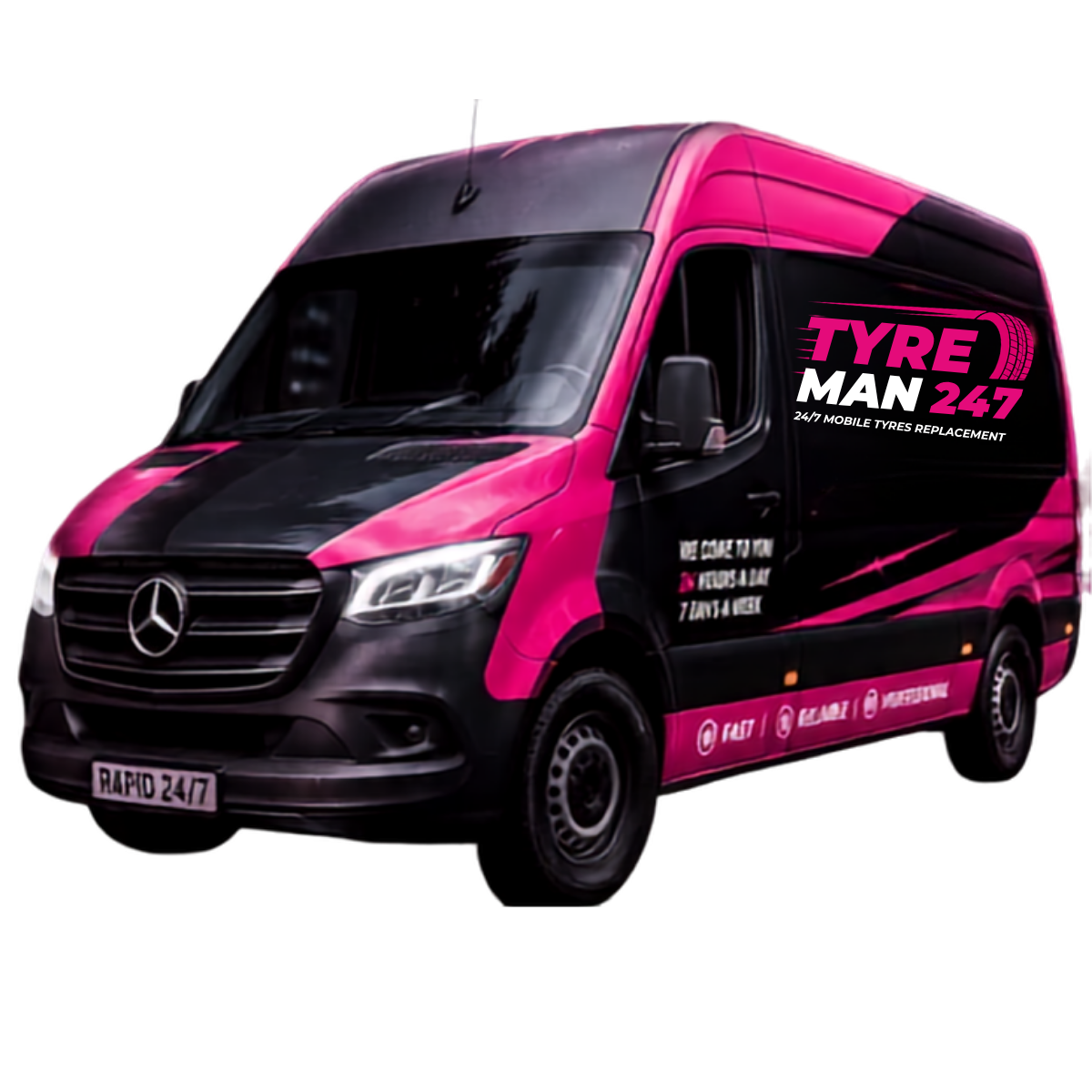 Tyre Man 24/7 mobile service van — pink and black Mercedes Sprinter